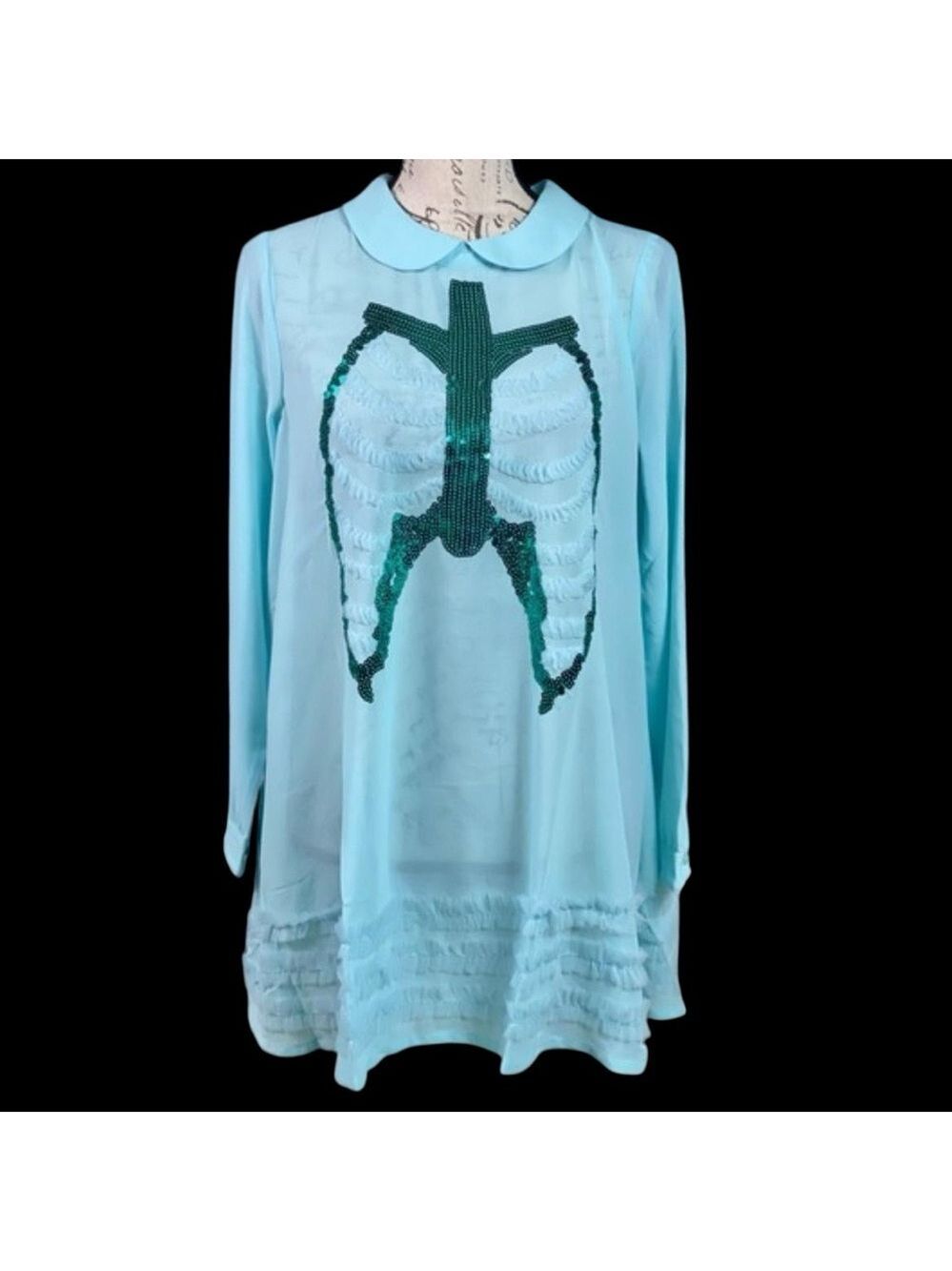 Iron Fist Dead Mermaid Walking Dress Pastel Goth Blue Sequin Rib Cage Pan Collar - Picture 13 of 14